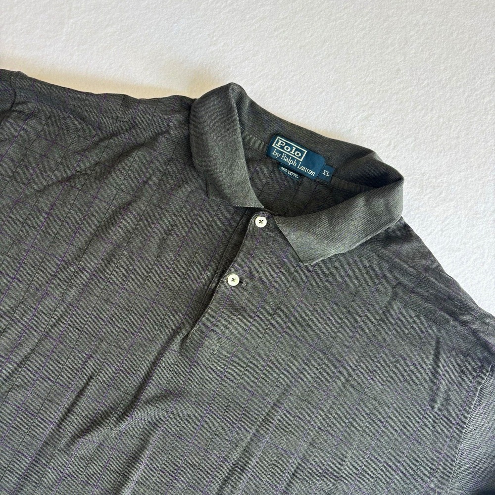 Polo Ralph Lauren Polo Shirt Mens XL Gray Purple Windowpane Long Sleeve Cotton